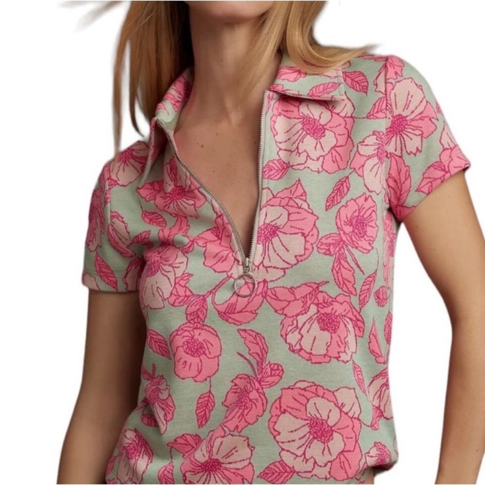 Anthropologie Maeve Floral Jacquard Short Sleeve Top Medium